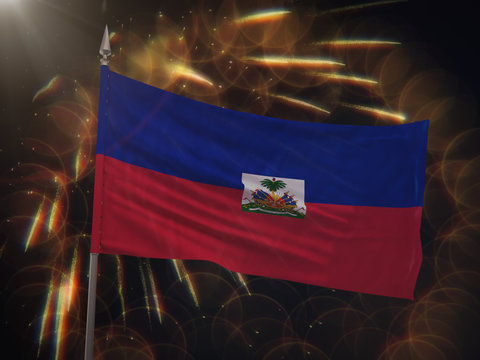 Flag of Haiti with fireworks display in the background