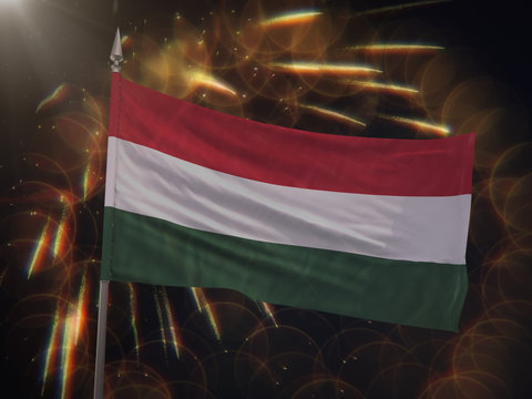 Flag of Hungary with fireworks display in the background