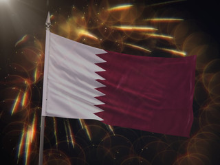 Flag of Qatar with fireworks display in the background