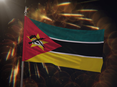 Flag of Mozambique with fireworks display in the background