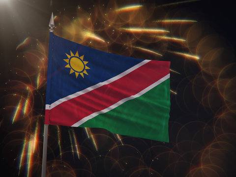 Flag of Namibia with fireworks display in the background
