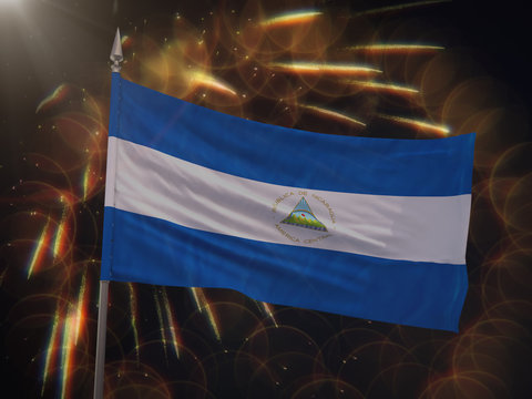 Flag of Nicaragua with fireworks display in the background