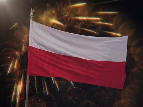 Flag of Poland with fireworks display in the background