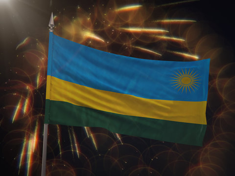Flag of Rwanda with fireworks display in the background