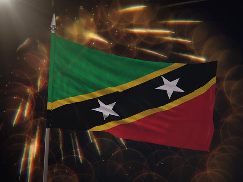 Flag of Saint Kitts and Nevis with fireworks display in the background