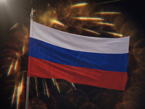 Flag of Russia with fireworks display in the background