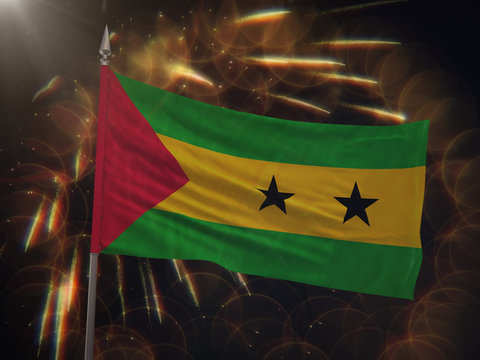 Flag of Sao Tome and Principe with fireworks display in the background