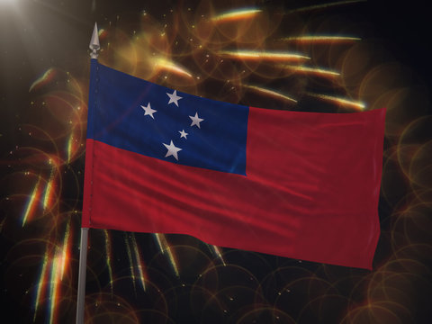 Flag of Samoa with fireworks display in the background