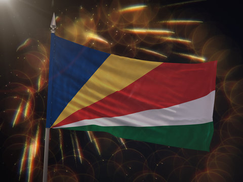 Flag of Seychelles with fireworks display in the background