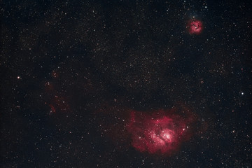 The Lagoon Nebula and the Trifid Nebula in the constellation Sagittarius as seen from Mannheim in...