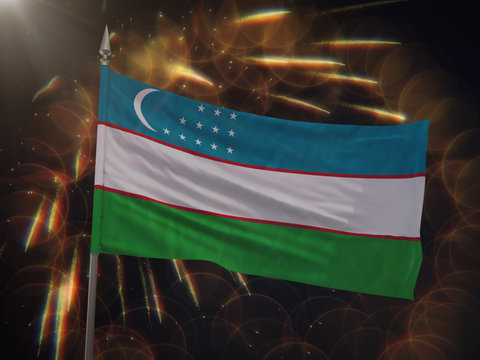 Flag of Uzbekistan with fireworks display in the background