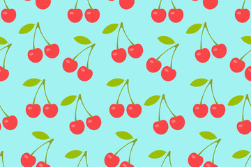 Seamless pattern with Red cherry. Two cherries. flat style. isolated on blue background
