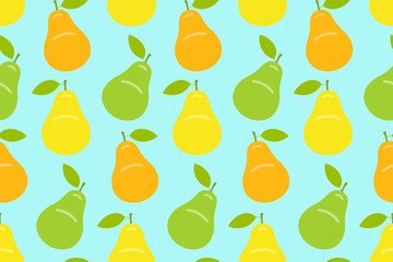 Seamless pattern with Yellow, green and orange pear. flat style. isolated on blue background