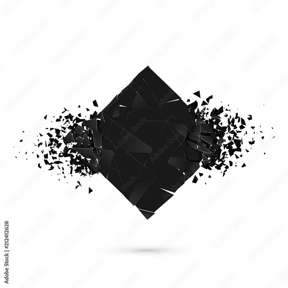 Poster cube destruction. squared black banner with space for text. abstract shape explosion. vector illustr