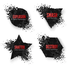 Foto op Plexiglas Set of geometric creative banners with space for text. Circle and hexagon, star and triangle destruction shapes. Abstract explosion of black shapes. Vector illustration isolated on white background © Ihor