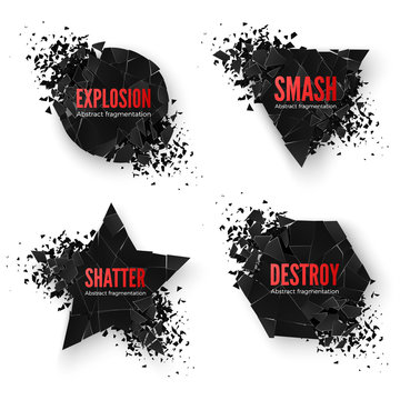 Set of geometric creative banners with space for text. Circle and hexagon, star and triangle destruction shapes. Abstract explosion of black shapes. Vector illustration isolated on white background