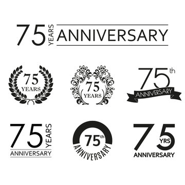 75 years anniversary icon set. 75th anniversary celebration logo. Design elements for birthday, invitation, wedding jubilee. Vector illustration.