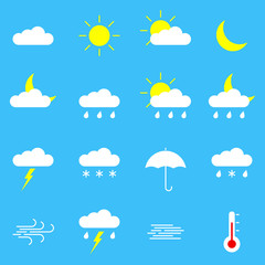 Weather icon set. Colorful weather forecast symbols: clouds, sun, moon, rain. Vector illustration.