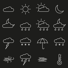 Weather line icon set. Outline weather forecast symbols: clouds, sun, moon, rain. Vector illustration.