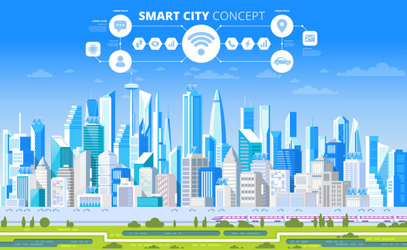 Smart city with infographic elements.