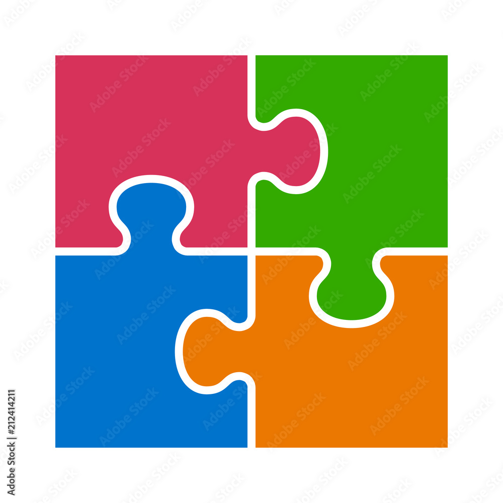 Poster square four pieces of jigsaw puzzle or teamwork concept flat vector color icon for apps and websites