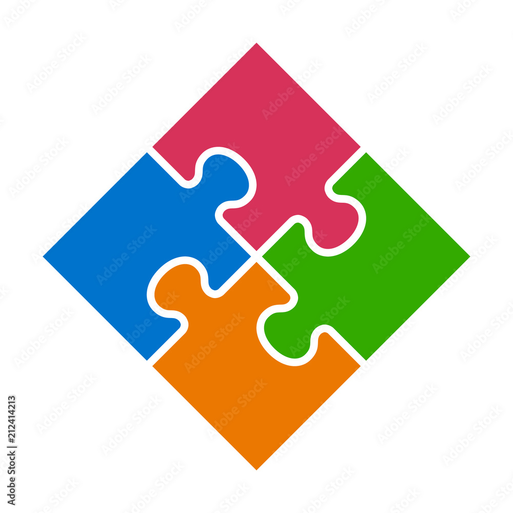 Poster rotated square four pieces of jigsaw puzzle or teamwork concept flat vector color icon for apps and 