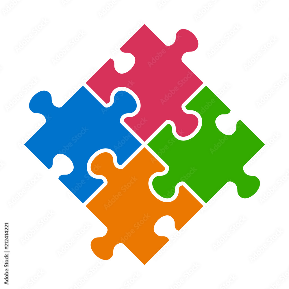 Poster rotated four pieces of jigsaw puzzle or teamwork concept flat vector color icon for apps and website