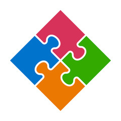 Rotated square four pieces of jigsaw puzzle or teamwork concept flat vector color icon for apps and websites
