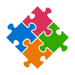 Rotated four pieces of jigsaw puzzle or teamwork concept flat vector color icon for apps and websites