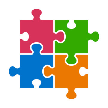 Four pieces of jigsaw puzzle or teamwork concept flat vector color icon for apps and websites