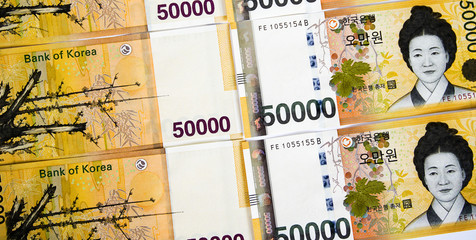 Korean Won currency bills isolated on white background.