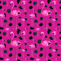 Watercolor Seamless Pattern With Flamingo and Dots. Exotic Summer Beach Motif. Swimwear Design, Wrapping, Background, Wallpaper, Fabric. Hawaiian Print. Jungle Birds Repeated Ornament. Africa.