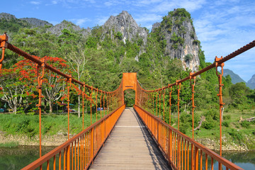 Red bridge over song river in Vang Vieng, Laos