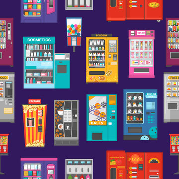 Vending machine vector vend food or beverages and vendor machinery technology to buy snack or drinks illustration set seamless pattern background