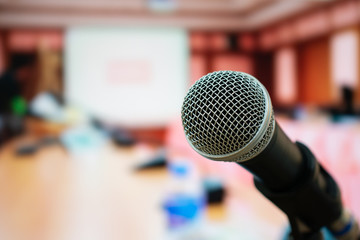 Seminar Conference Concept : Microphones for speech or speaking  in seminar room, talking for...