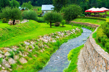 Fototapeta premium creek and green lawn in the park