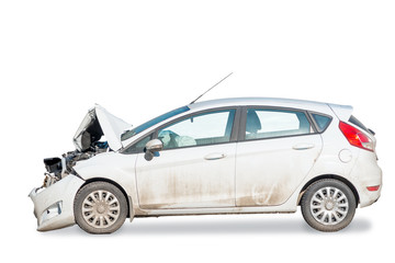 side view of a broken car after an accident is isolated on a white background