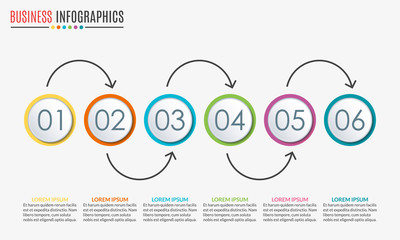 6 steps infographic design. Template for diagram, graph and chart. Timeline design with 6 levels, options, circles. Business presentation concept. Vector illustration.