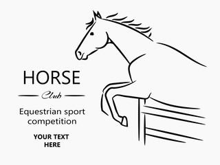 Horse head graphic logo template, vector illustration on white background. Stylish horse head outline for stable, farm, club race design. Running stallion for equestrian sport competition.