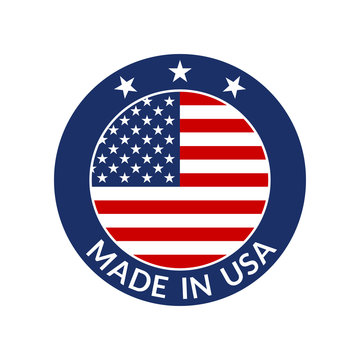 Made in USA label. Circle US icon with American flag. Vector illustration.