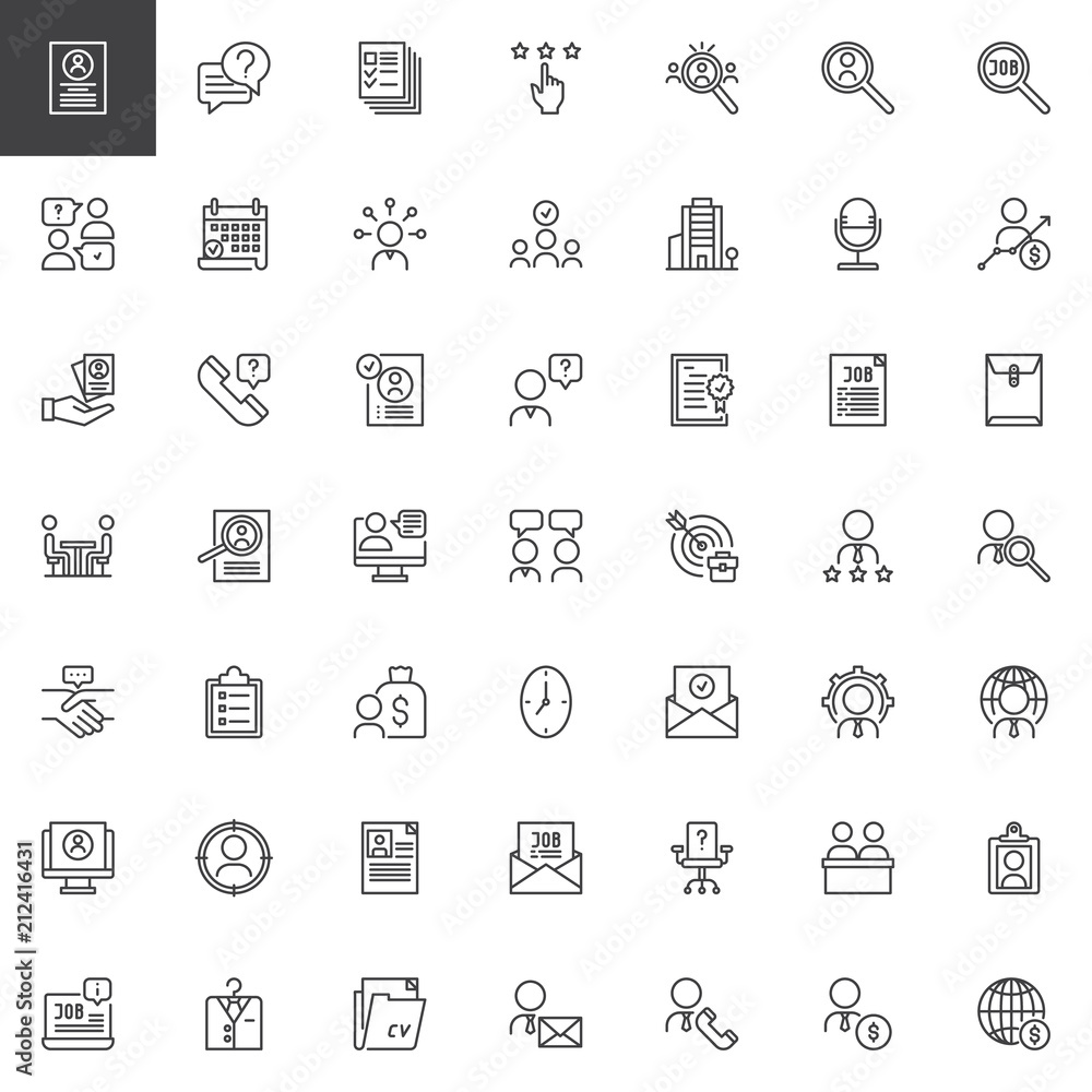 Poster business interview outline icons set. linear style symbols collection, line signs pack. vector graph