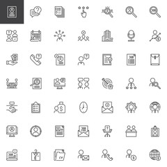 Business interview outline icons set. linear style symbols collection, line signs pack. vector graphics. Set includes icons as Resume, Conversation, Profiles, Rating, Recruitment, Appointment, Skills