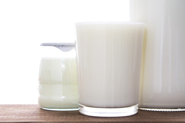 dairy products. glass and bottle of milk, yogurt