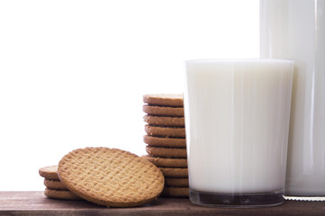dairy products. glass and bottle of milk with cookies