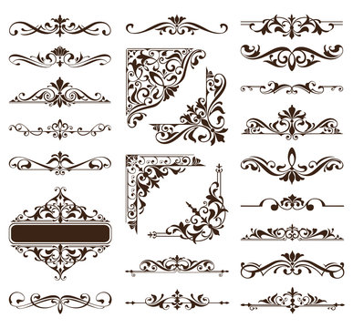 Vintage ornaments design elements floral curlicues white background curbs frame corners stickers 