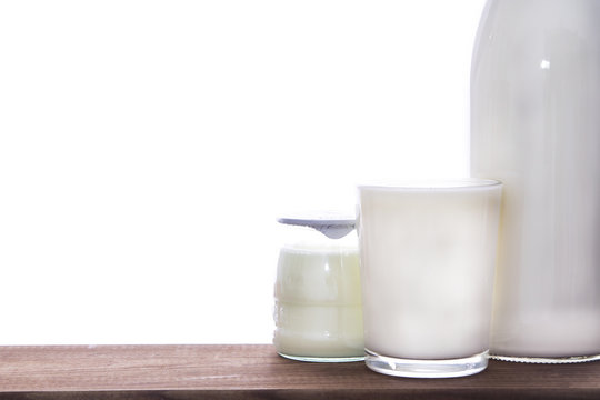 dairy products. glass and bottle of milk, yogurt