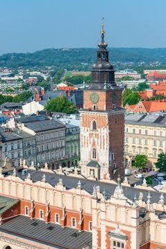 Krakow city view from the top - in a square Shopping Arcade and the Tower Hall Clock