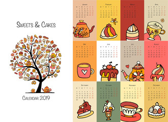 Cakes and sweets, calendar 2019 design