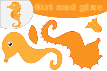 Sea horse in cartoon style, education game for the development of preschool children, use scissors and glue to create the applique, cut parts of the image and glue on the paper, vector illustration