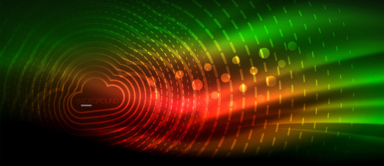Neon glowing wave, magic energy and light motion background. Wallpaper template, hi-tech future concept